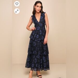 NWT Lulus Navy Blue Lace Ruffled Tiered Sleeveless Maxi Dress